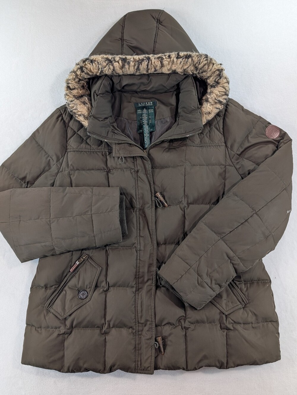 Lauren Ralph Lauren Quilted Down Puffer Jacket Olive Green Faux Fur Hood XL